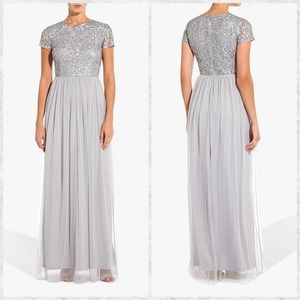 Adrianna‎ Papell Gray Sequin Tulle Maxi Dress Mother Of The Bride Gown